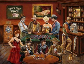 scène de saloon avec joueurs et prostituées
