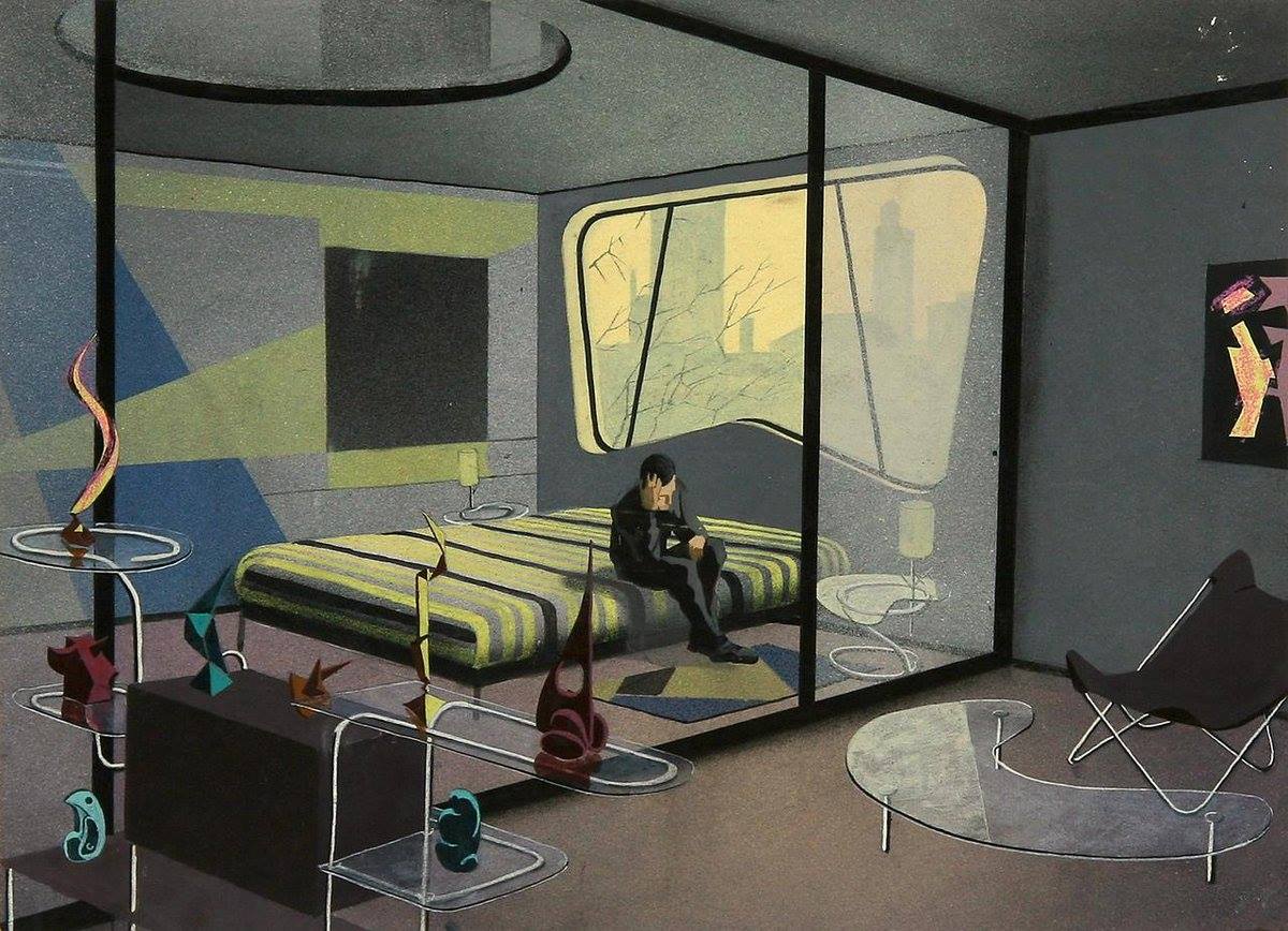 homme assis sur un lit, décor futuriste